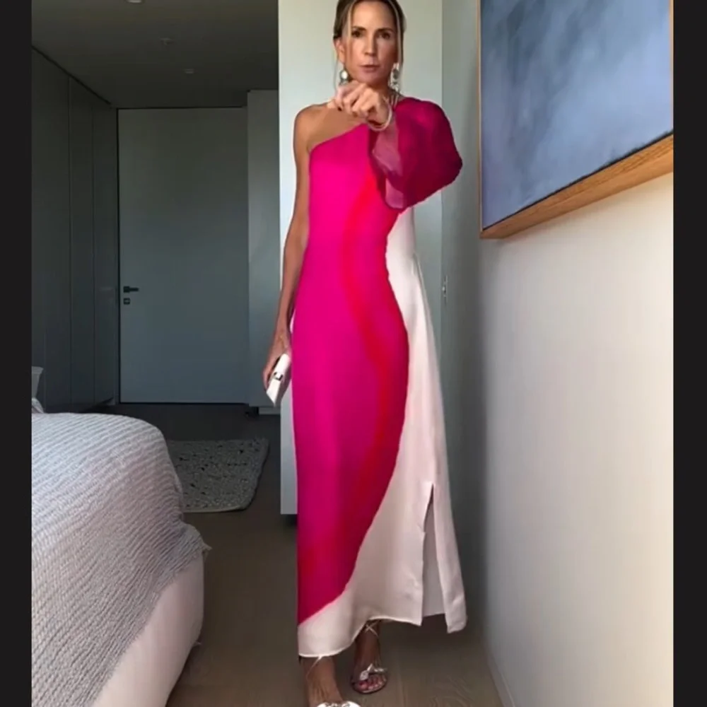 NEW • Australian Designer Elegant Pink, Red & White One-Shoulder Maxi Dress - Picture 8 of 12
